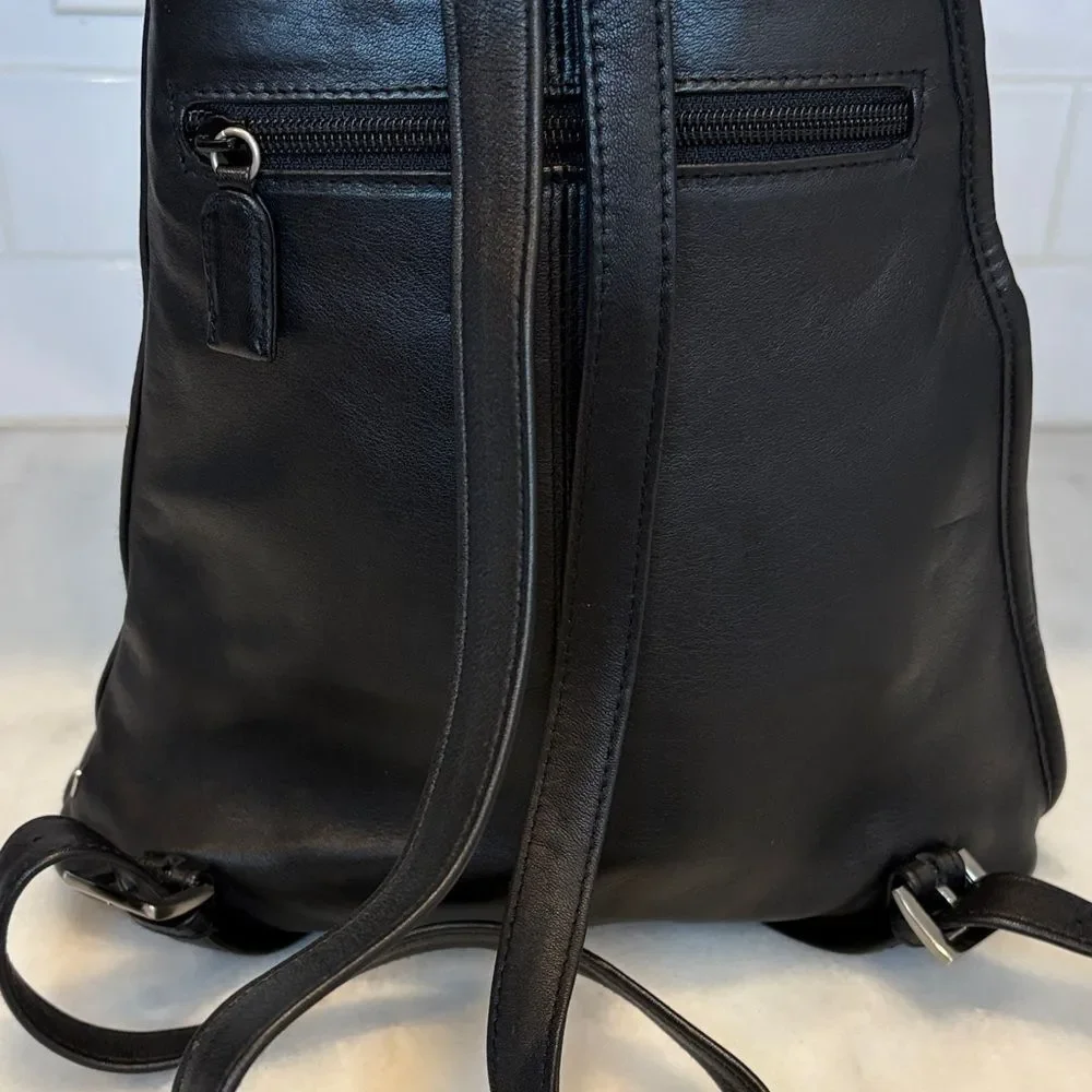 Tignanello Black Leather Sling Backpack Convertible Travel Bag